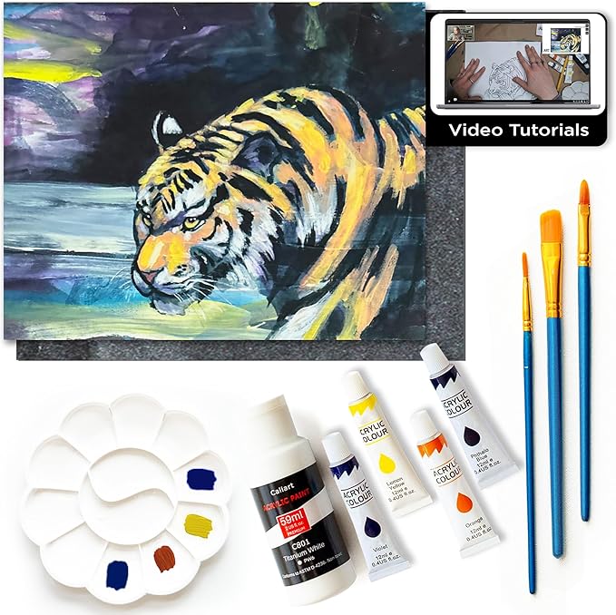 DIY Painting Kits for Adults and Kids with Video Tutorials: Learn How to Paint Abstract Tiger – Painting Set & Art Supplies Kit – 9 Piece Acrylic Paint Set