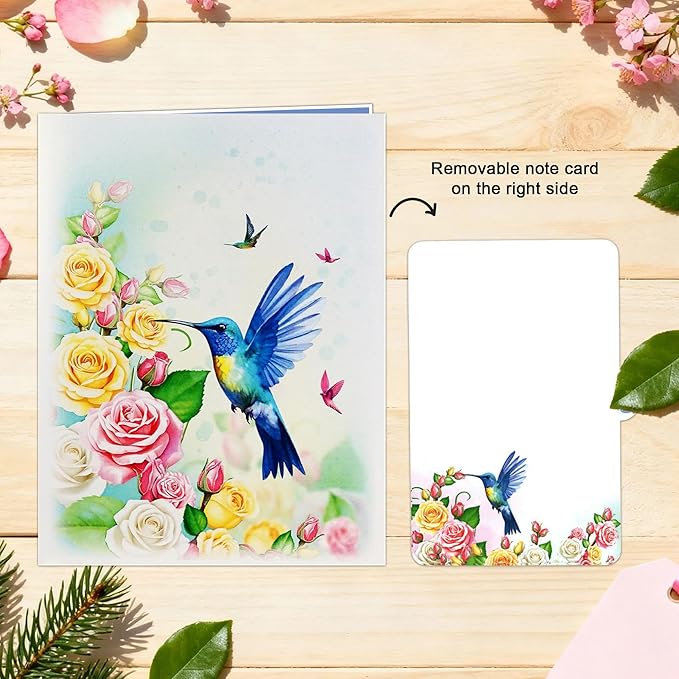 Greeting Card Blue Hummingbird with Roses 3D Pop-Up Cards Handmade Birthday Flower Gift for Women, Mom, Wife, Men 6x8 Inches Aniversary Wedding Christmas Gifts Floral