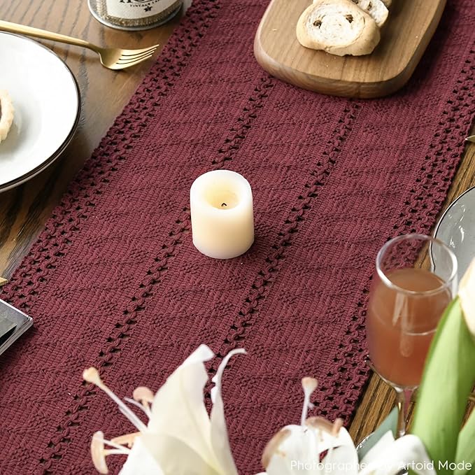 Artoid Mode Red Farmhouse Woven Rustic Hollow Table Runner, Seasonal Holiday Kitchen Dining Table Decoration for Home Party Decor 12x36 Inch