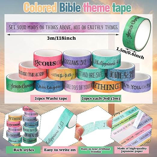 Janlaugh 24 Rolls Christian Washi Tape Gifts Bulk Religious Inspirational Scripture Supplies Bible Verse Tape for Bible Study Journaling Crafting Christmas Stocking Stuffers Gift(Rainbow)