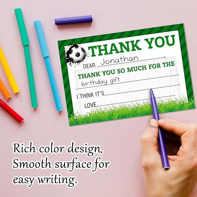 Soccer Kids Thank You Cards, Football Thank You Card For Soccer Birthday Party, Kids Birthday Cards Fill In The Blank, 20 Pack Green Greeting Cards With Envelopes For Boys And Girls, 007