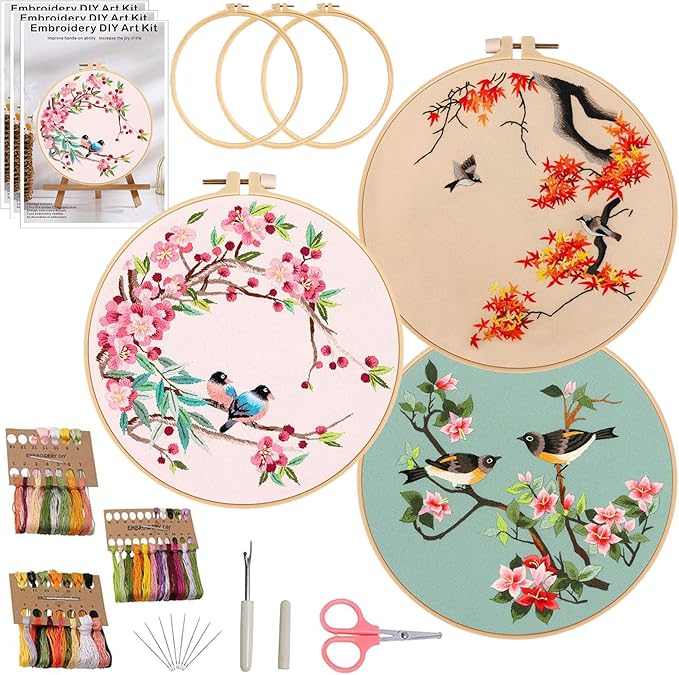 Ohcol 3 Pack Bird Embroidery Kits,Cross Stitch Needlepoint Kits for Adults Beginner,Needle Point Kits with Washable Pre-Printed Pattern,3 Hoops