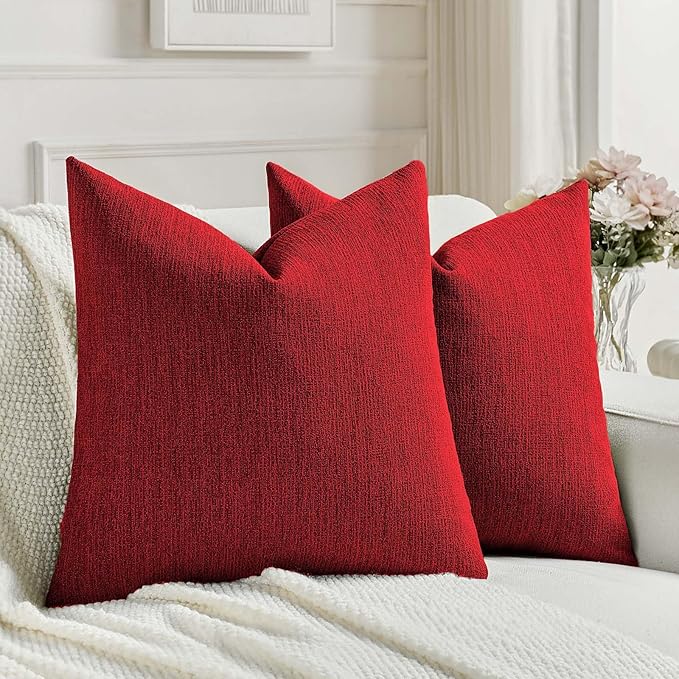 FUTEI Christmas Red Chenille Decorative Throw Pillow Covers 16x16 Inch Set of 2,Soft Cozy Faux Linen Textured Cushion Case,Farmhouse Home Decor for Couch Living Room