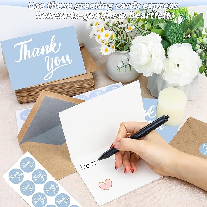 600 Pcs Light Blue Thank You Cards Bulk with Kraft Envelopes and Stickers 4x6 Inch Blank Thank You Notes Box Set Minimalistic Design for Business Wedding Baby Shower Graduation Bridal Shower Birthday