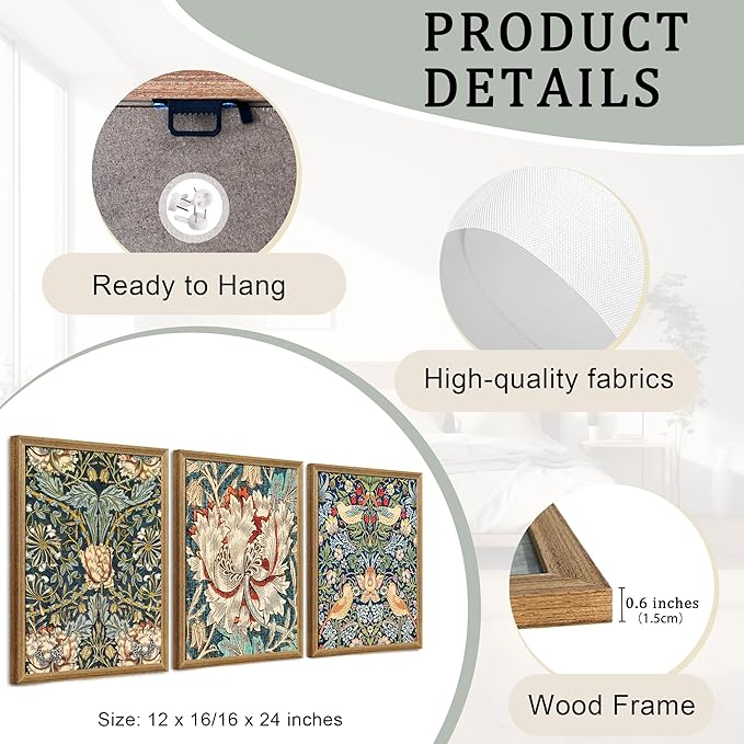 Fantasy Artists 3 piece Framed William Morris Wall Art Vintage Botanical Floral Art Wall Decor Painting Farmhouse Artwork Aesthetic Posters Prints for Living Room Bedroom Bathroom 12x16 inches