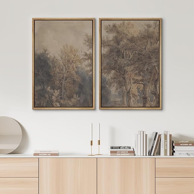 SIGNWIN Framed Canvas Print Wall Art Set Vintage Tree Sketch Classic Sepia-Toned Forest Illustrations Modern Art Scenic Colorful for Living Room, Bedroom, Office - 16"x24"x2 Natural