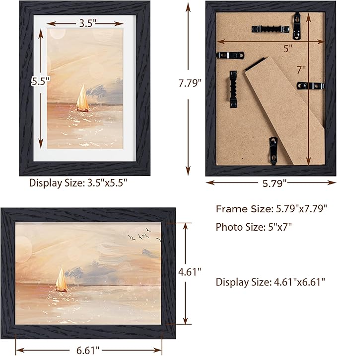 5x7 Picture Frame, Solid Oak Wood 5 x 7 Frame with Plexiglass, 5 by 7 Photo Frame for Wall & Tabletop Display, 5x7 Picture Frame Matted to 4x6, Black Color, 3 Pack