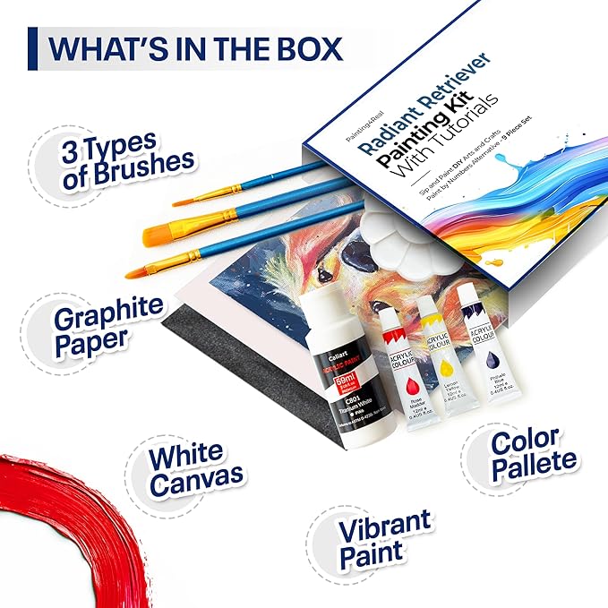 DIY Painting Class Kit for Adults with Video Tutorials: Learn to Paint Radiant Retriever – How to Paint with Acrylics – Painting & Art Supplies – 9 Piece Acrylic Paint Set
