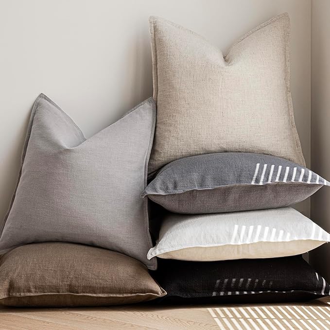 Foindtower Pack of 2, Decorative Linen Soild Throw Pillow Covers Soft Accent Cushion Case Boho Farmhouse Pillowcase for Chair Couch Sofa Bedroom Living Room Home Decor 18 x 18 Inch Light Rustic Gray