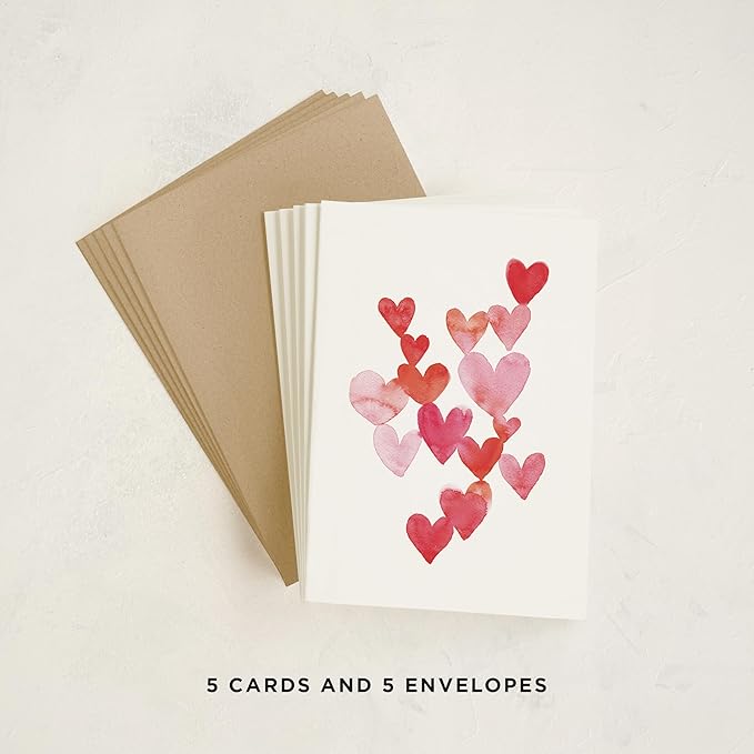 Minted Watercolor Hearts Greeting Cards – 5 Pack of Folded 5x7 Blank Note Cards with Matching Envelopes | All Occasion Stationery Set for Birthdays, Anniversaries, Weddings, Love Notes