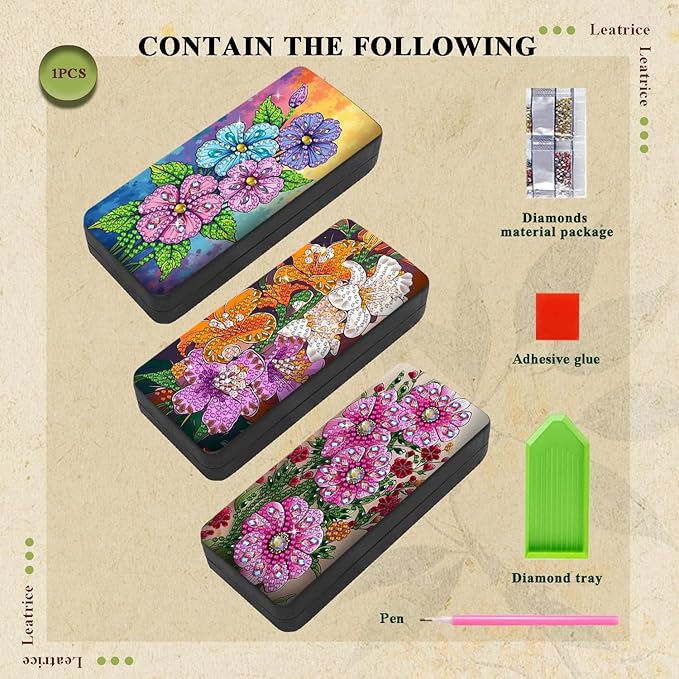 Leatrice 3pcs 5d Diamond Art Kits for Adults Small Diamond Painting Kit Eyeglass Case Hard Shell Gem Art Paint by Diamonds Dots DIY for Beginner Women