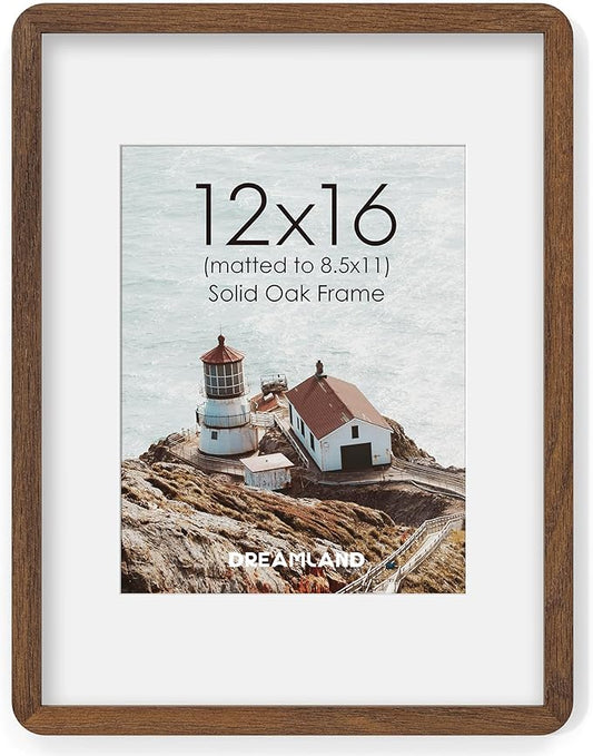 12x16 Picture Frame, Solid Oak Wood Photo Frame with Mat for 8.5x11, Round Corner 12 x 16 Matted Picture Frames with Resistant Plexiglass for Wall Mounting or Tabletop, Walnut Color, Set of 1