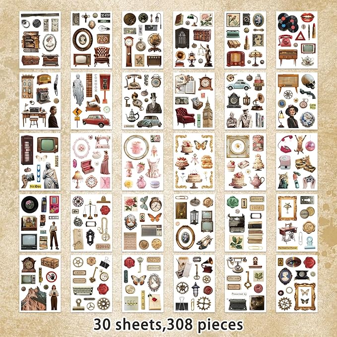 Vintage Sticker Book, 30 Sheets 308 Pcs Aesthetics Stickers for Journaling Scrapbooking Bullet Journals Planners Letter Card Making
