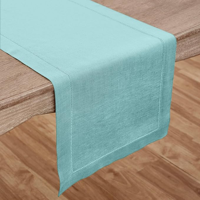 Solino Home Linen Aqua Blue Table Runner 108 Inches Long - 100% Pure Linen Hemstitch 14 x 108 Inch Table Runner for Dining, Spring, Easter, Winter - Classic Hemstitch