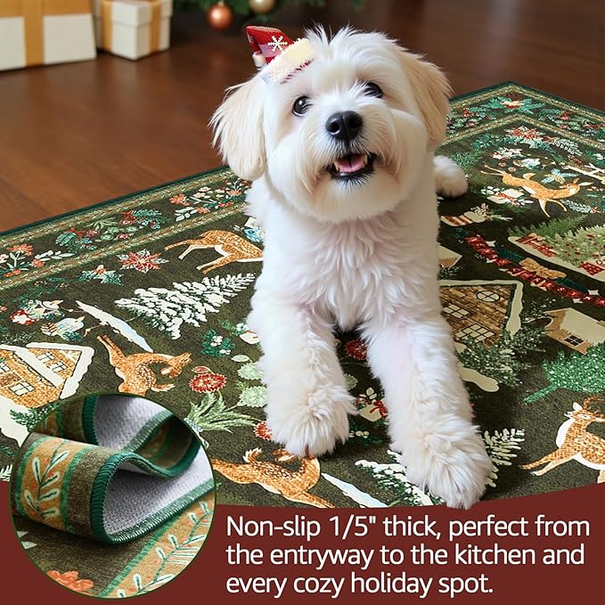 jinchan Christmas Rug 3x5 for Entryway Kitchen Green Holiday Rug for Bedroom Christmas Tree and Cabin Printed Xmas Decor for Living Room Bathroom Washable Non Slip Decorative Floor Carpet