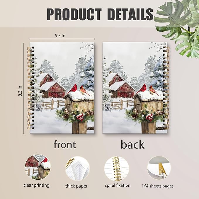 XNXLDYLH Vintage Winter Christmas Notebook Journal, Rustic Farmhouse Spiral Notebook, Nature Cabin Journals Notebooks for Women Men, Christmas Winter Cardinal Office School Supplies Gifts, 5.5x8.3Inch