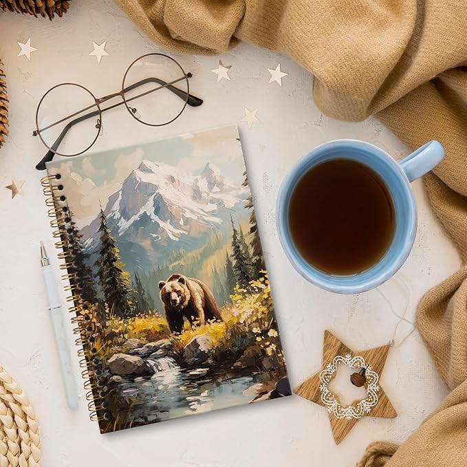 XNXLDYLH Bear Camping Nature Notebook Journal, Rustic Farmhouse Aesthetic Spiral Notebook, Woodland Landscape Camp Journals Notebooks for Women Girls, Bear Office School Supplies Gifts, 5.5x8.3 Inch