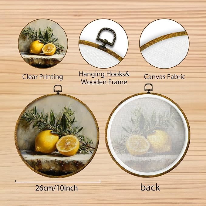 Hiuwevt Farmhouse Lemon Round Wall Art Decor, Vintage Rustic Lemon Framed Canvas Prints, Cottagecore Country Fruit Botanical Round Wall Hanging Decor for Kitchen Dining Home Decorations, 10x10 Inches