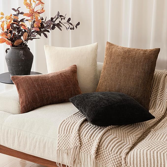 Foindtower Set of 2 Soft Textured Chenille Throw Decorative Pillow Covers Square Accent Solid Cushion Cover Cozy Neutral Farmhouse Pillow Case for Couch Sofa Bedroom Living Room 22x22 Inch,Dark Bronze