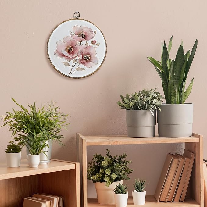 FUGWN Vintage Pink Floral Round Wall Art Decor Framed, Rustic Floral Canvas Artwork Prints, Farmhouse Cottagecore Botanical Flower Wall Hanging Decorations for Home Bedroom Living Room, 10x10 Inch