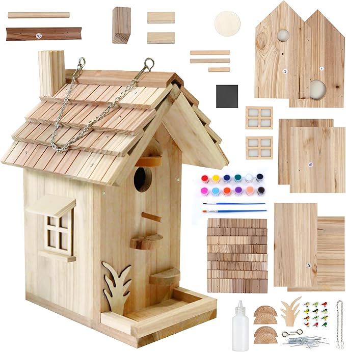 DIY Birdhouse Building Kit for Adults, Wooden Bird Houses to Paint for Kids, Outdoor Woodworking Kits Adult Crafts for Outside(Wood, 6.5in)