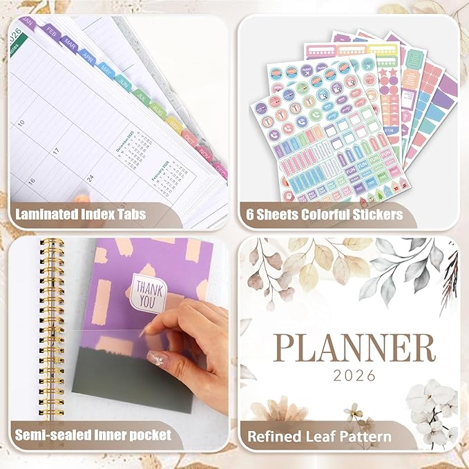 GuassLee 2026 Weekly Monthly Planner A5, 12-Month Hardcover Calendar Planner with Tabs, Stickers & Pocket, January 2026 to December 2026 Daily Planner Organizer for Work School Home