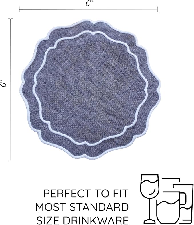 Drink Coasters Set of 6, 6x6 inch, Absorbent Linen Drink Mats with Scalloped Edge, Reusable Handmade Coffee Coasters for Home Decor & Tabletop Protection & Gift Giving (Charcoal)
