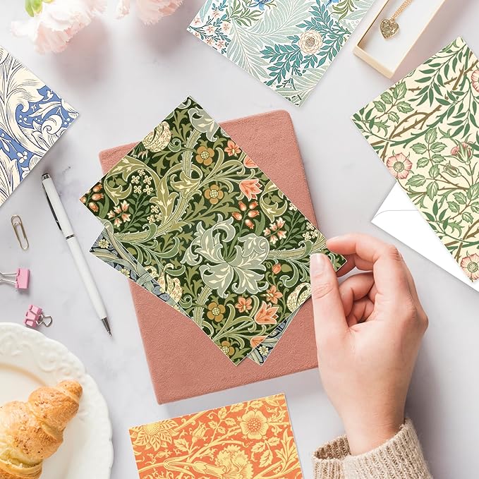 24 Pack William Morris Greeting Cards with Envelopes & Stickers - 6 Vintage Floral Retro Botanical Designs Blank Note Cards for Wedding, Birthday, Baby Shower, Thank You & More | 5.9x3.9 Inches
