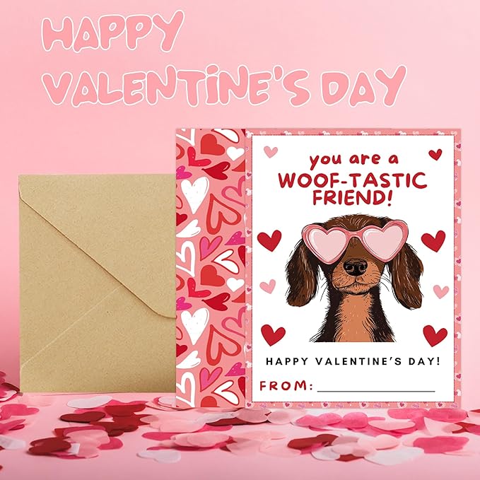Valentine’s Day Cards for Kids Classroom, 48 Pcs Cute Dog Valentines Exchange Set with Envelopes Heart Stickers, Puppy Valentine Cards for Boys girls School Party Favors Gift Exchange