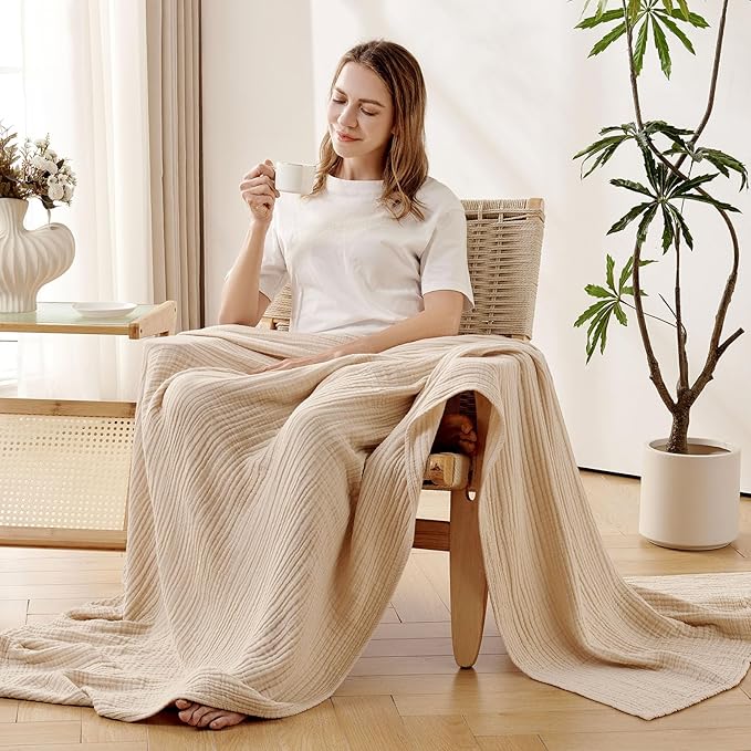 Joydeco 100% Cotton Muslin Throw Blanket for Couch Bed and Sofa, 4-Layer Lightweight and Breathable Soft Gauze Blanket for All Season, Luxury Throws Cotton Blanket Gift(Light Tan, 55"x75")