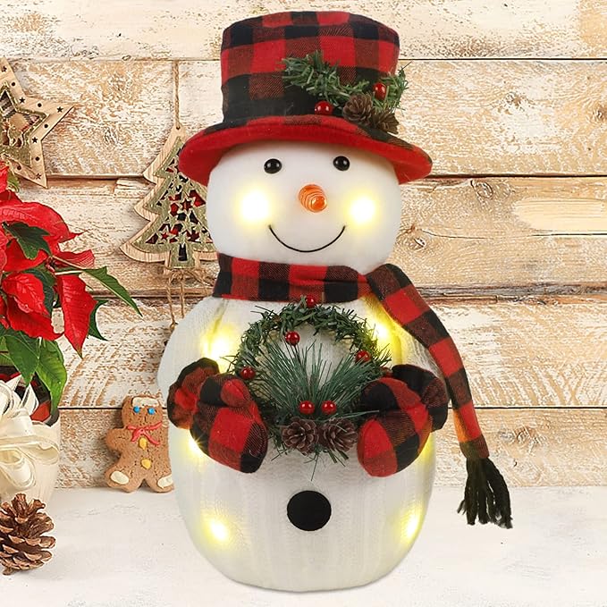 Christmas Lighted Snowman, 12" With Wreath Table Decorations, Red Black Plaid Xmas Decor for Home Kitchen Holiday Party