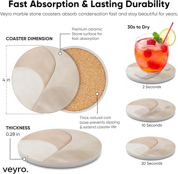 VEYRO Ceramic Coasters Set of 4 – Absorbent Stone Drink Coasters with Holder, Non-Slip Cork Backing, Modern Marble Look Coasters for Coffee Table, Desk & Home Decor