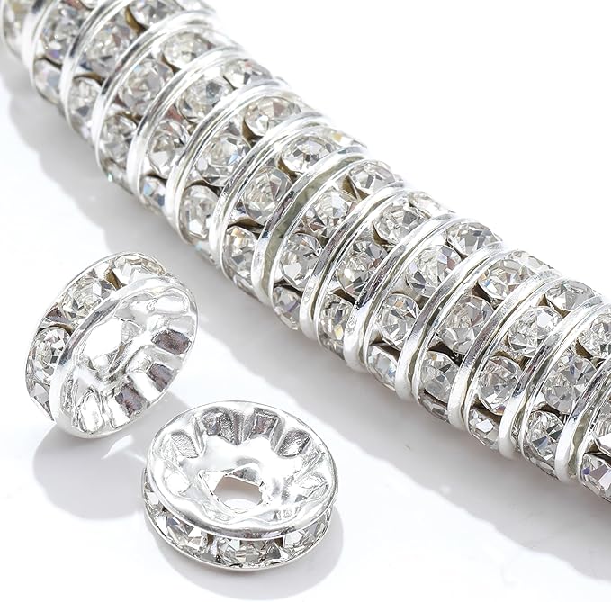 100Pcs Rondelle Spacer Beads Round Crystal Charms Czech Rhinestone Silver Plated Spacer Loose Beads for DIY Bracelet Necklace Jewelry Making Supplies (8MM, White)