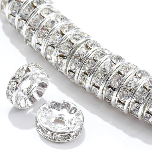 100Pcs Rondelle Spacer Beads Round Crystal Charms Czech Rhinestone Silver Plated Spacer Loose Beads for DIY Bracelet Necklace Jewelry Making Supplies (8MM, White)
