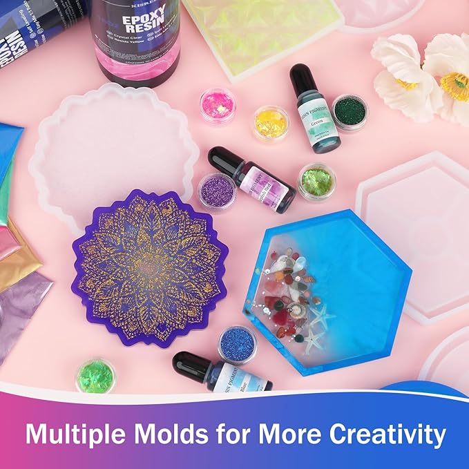 KISREL Epoxy Resin Kit for Beginners, 32oz Resin Kit with Coaster Molds, Complete Accessories Include Pigment, Mica Powders, Dried Flowers, Glitter, Measuring Cups and Other Resina Supplie