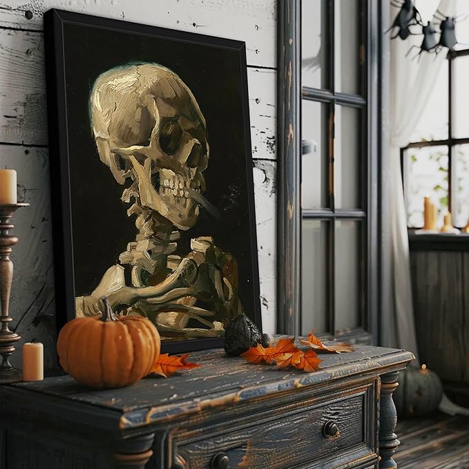 Framed Vincent Van Gogh Skull with Cigarette Canvas Wall Art - Skeleton Paintings Wall Decor, Post-Impressionism Gothic Picture Aesthetic for Halloween Decor Bedroom Living Room Artwork 12x16 inch