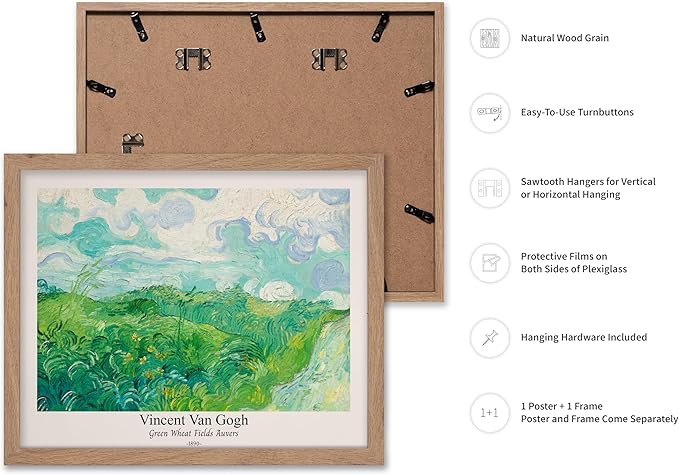 Monem Art Vintage Van Gogh Poster - Retro Green Wheat Fields Auvers Print - Impressionism Art - Fine Art - Landscape Art - Classic Painting Art - Great Living Room Decor - 11x14 Beige Framed