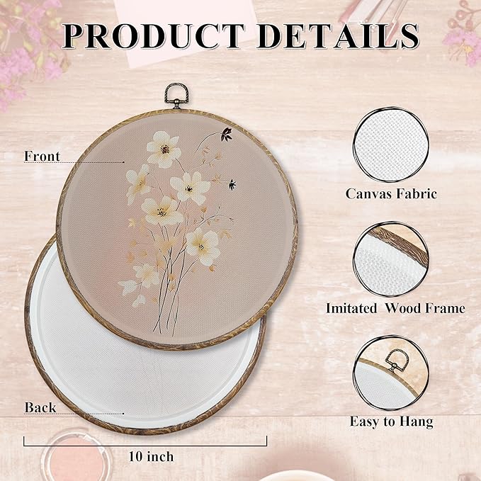FUGWN Pink Floral Botanical Round Wall Art Decor Framed, Cottagecore Wildflower Botanical Canvas Artwork Prints, Retro Pink Floral Wall Hanging Decorations for Home Bedroom Living Room, 10x10 Inch