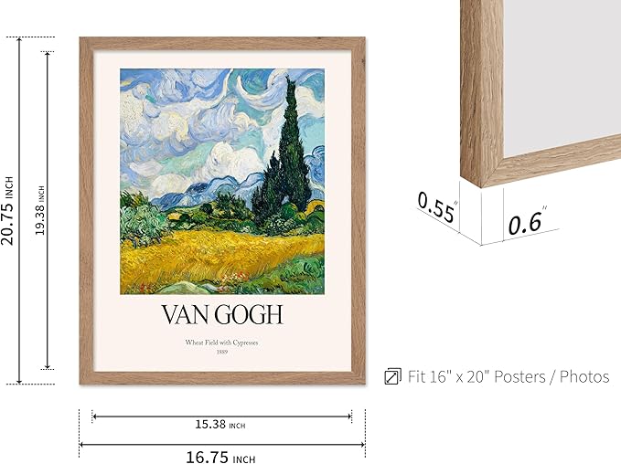 Monem Art Vintage Van Gogh Poster - Retro Impressionist Print - Wheat Field With Cypresses, Trees, Sky, Landscape - Gift for Artist, Friend - Wall Decor for Home, Office, 16x20 Beige Framed