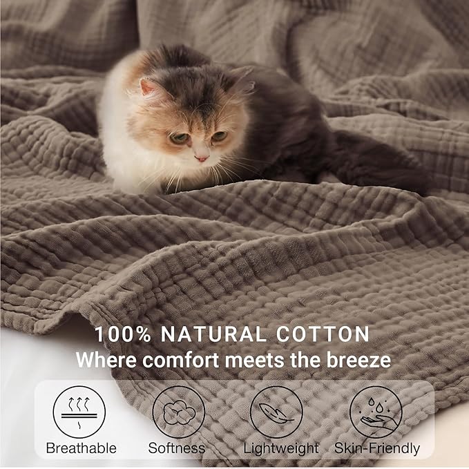 100% Cotton Muslin Blanket Large 50"x 70", Breathable and Lightweight Cotton Throw Blanket for Bed and Couch, Soft Cooling Summer Gauze Blanket for Adults All Season, Linen Brown