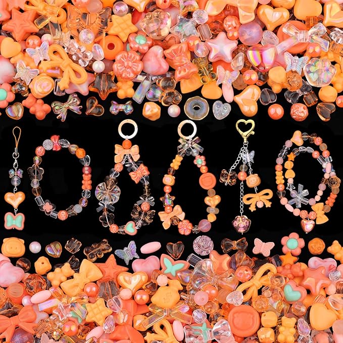 200-260PCS TINKRSTUFF Assorted Acrylic Beads Orange Cute Beads for Bracelet Making, Bow Flower Butterfly GummyBear Kawaii Charms, Aesthetic Bead for Necklace Keychain Jewelry Making DIY Phone Charm