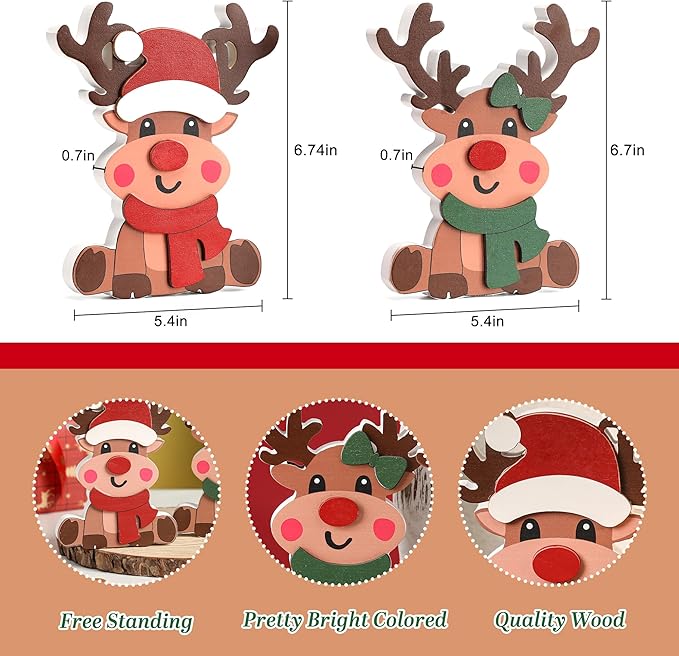 Amorita Reindeer Christmas Decor - 2 Piece Brown Reindeer Couple for Christmas Tiered Tray Decor - Elegant Wood Tiered Tray Xmas Centerpiece Table Decorations
