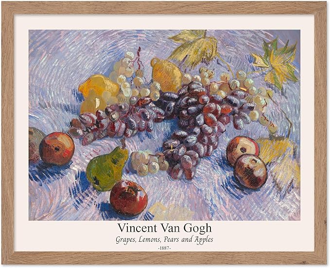 Monem Art Vintage Van Gogh Poster - Retro Grapes Lemons Pears and Apples Print - Impressionism Art - Fruit Art - Fine Art - Classic Painting Art - Great Kitchen Decor - 16x20 Beige Framed