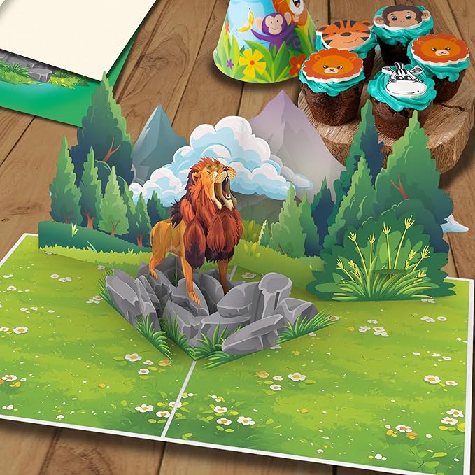 iGifts And Cards Roar-some 3D Pop-Up Lion Card – Majestic Safari Jungle Scene | Fierce Fun Wildlife Greeting for Birthdays Graduations Thank You Encouragement Animal Lovers 6x8 with Notecard