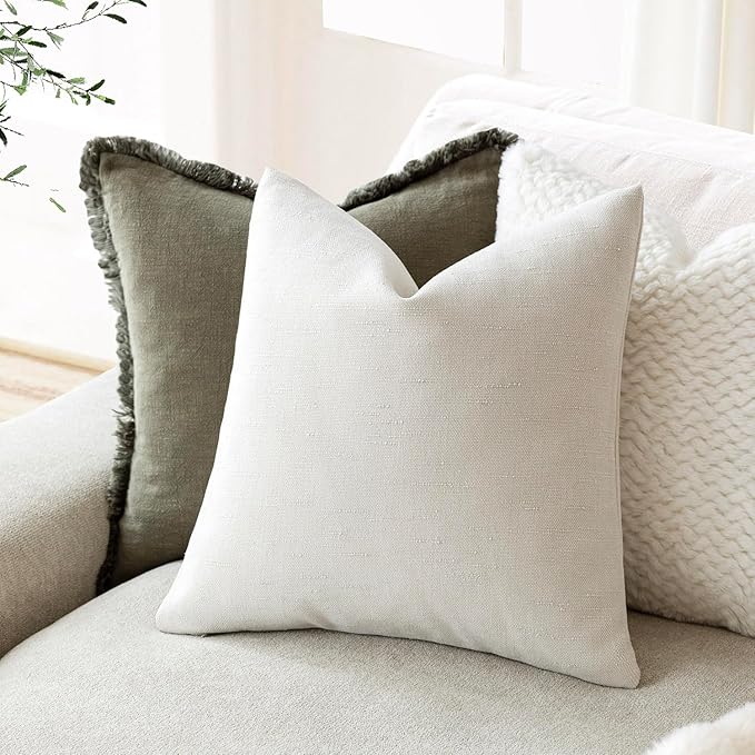 Foindtower Pack of 2 Soft Textured Throw Decorative Pillow Covers Square Accent Solid Cushion Cover Cozy Neutral Farmhouse Pillow Case for Couch Sofa Bedroom Living Room 18x18 Inch, Ivory White