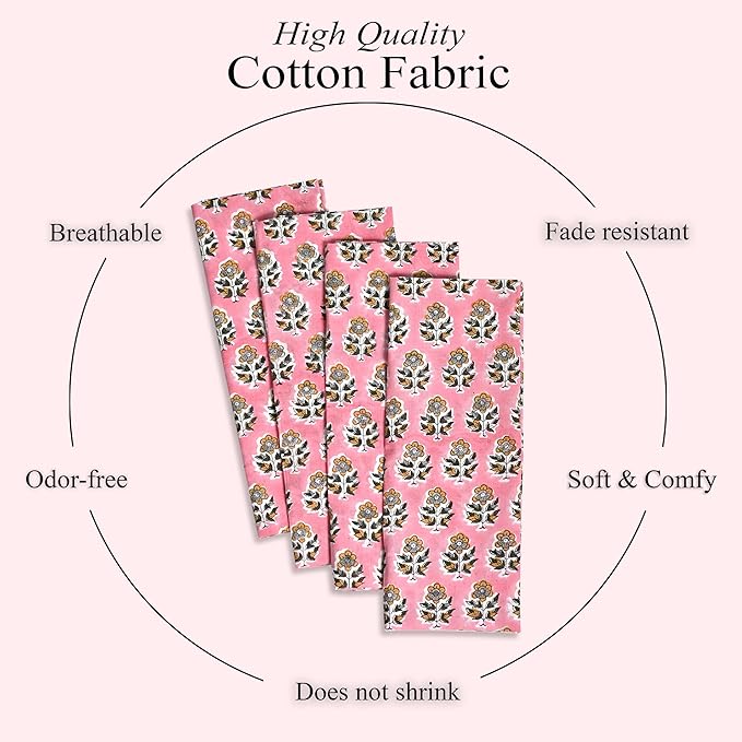 CPC Cloth Napkins 100% Cotton Set of 4 Reusable Napkins, Indian Block Print Toile Floral Dinner Napkin, Fall Thanksgiving Christmas Holiday Party Gift - Soft Absorbent Napkin, 18"x18" Poppy Pink