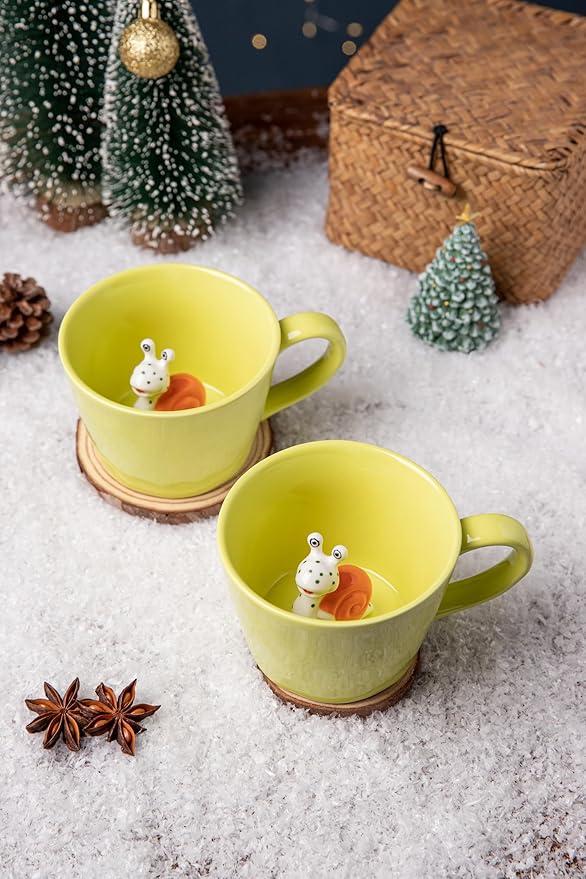 DIHOclub Ceramic Snail Cup Hidden 3D Animal Inside Mug，Garden series Handmade Figurine Snail Mugs (Apple green)