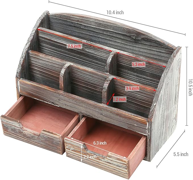 MyGift Torched Wood Desktop Organizer - Includes 6 Compartments and 2 Pullout Drawers to Organize Office Supplies and Accessories