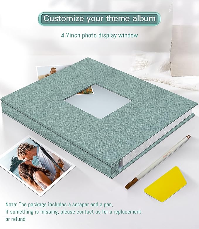 popotop Photo Album Self Adhesive with Picture Display Window,60 Pages DIY Scrapbooking Supplies Kit for 4x6 8x10 Picture,Linen Cover Memory Book for Baby Wedding, with Scraper and Metallic Pen