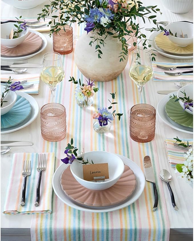 Solino Home Striped Linen Table Runner 144 Inches Long - Julia 100% Pure Linen Multicolor Muted Pastel Stripe Dining Table Runner 14 x 144 Inch for Spring, Easter